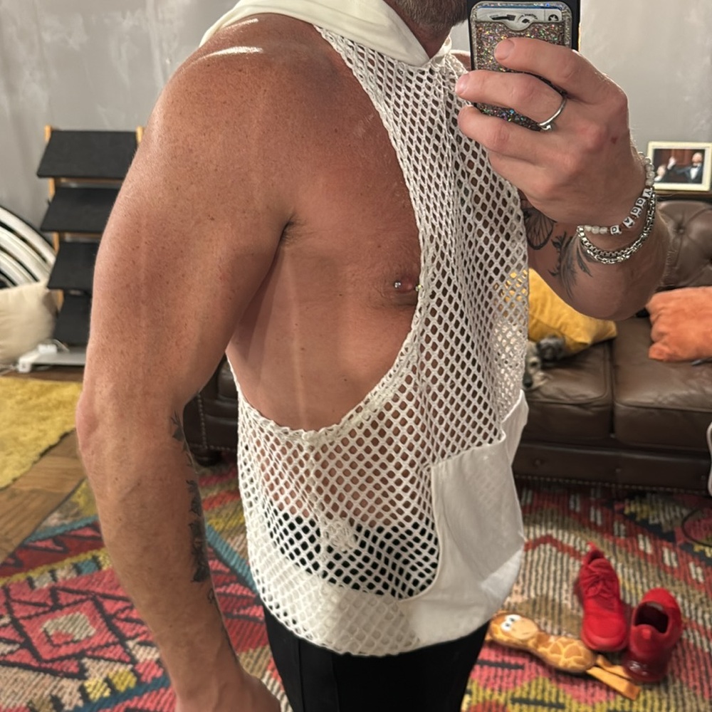 Sexy men’s sheer fishnet, white hooded tank top with pocket - Picture 3 of 9